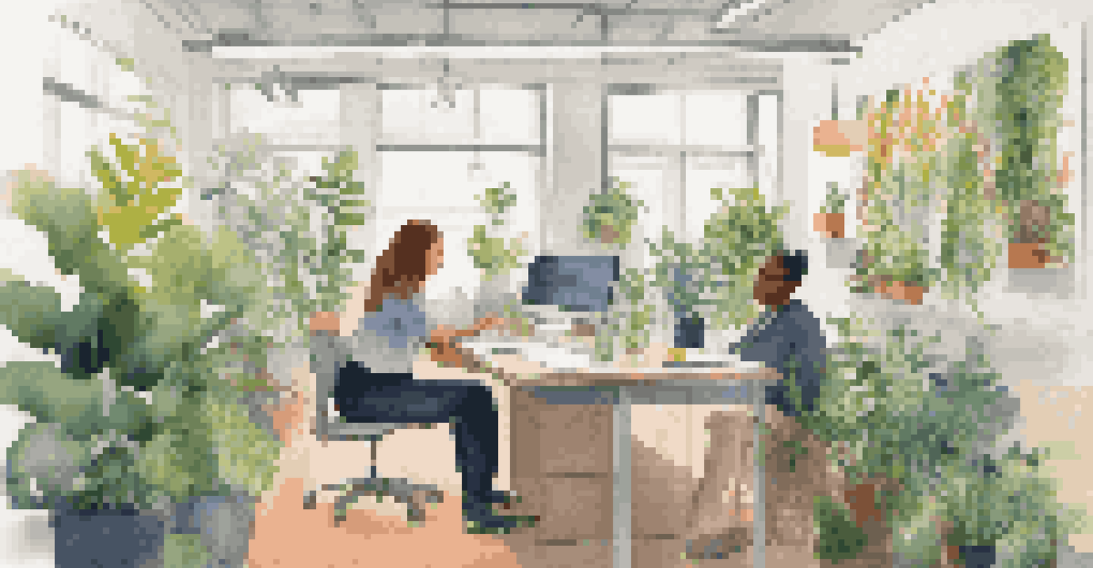 Two colleagues having a constructive conversation in an open office space, surrounded by plants and artwork.