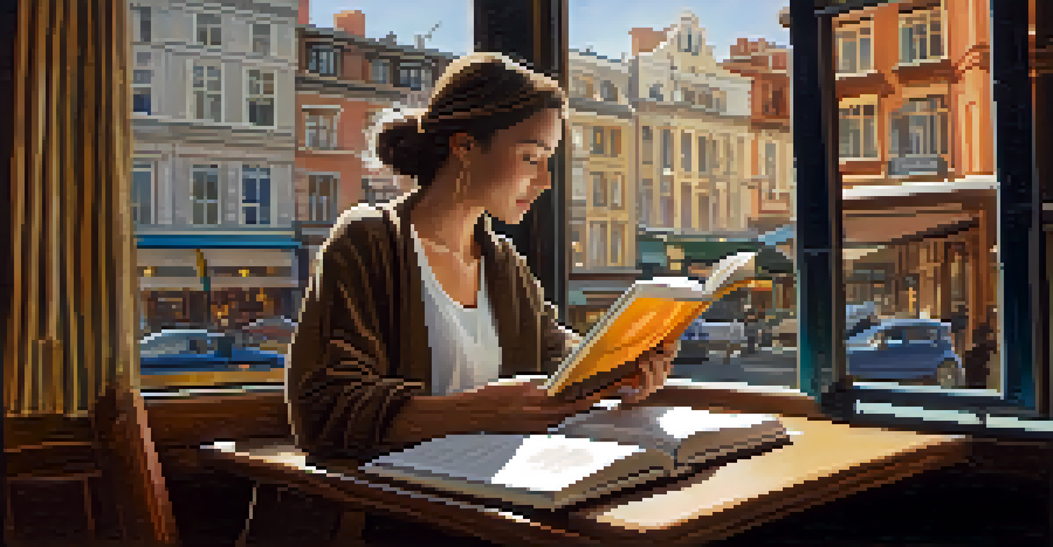 A person reading a personal development book at a café table with a notebook and a cup of tea.