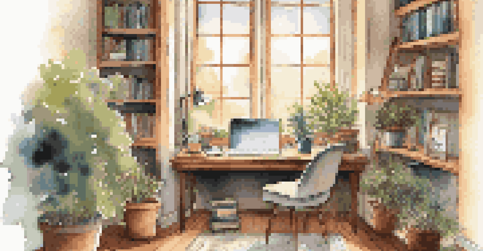 A cozy workspace with a comfortable chair, a desk with a laptop, and bookshelves, illuminated by warm light.