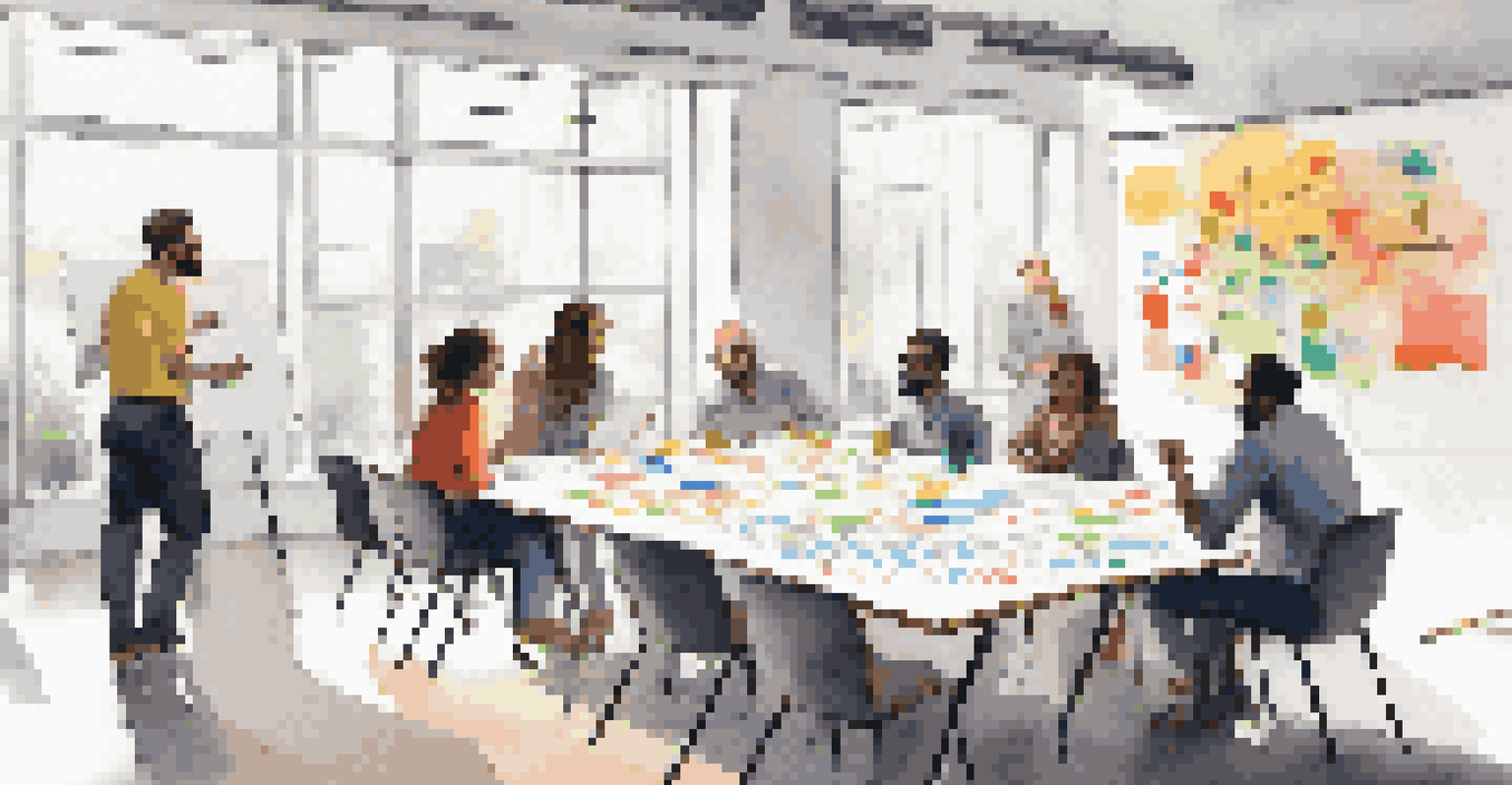 A diverse team engaged in a brainstorming session around a table with whiteboards covered in colorful notes and diagrams.
