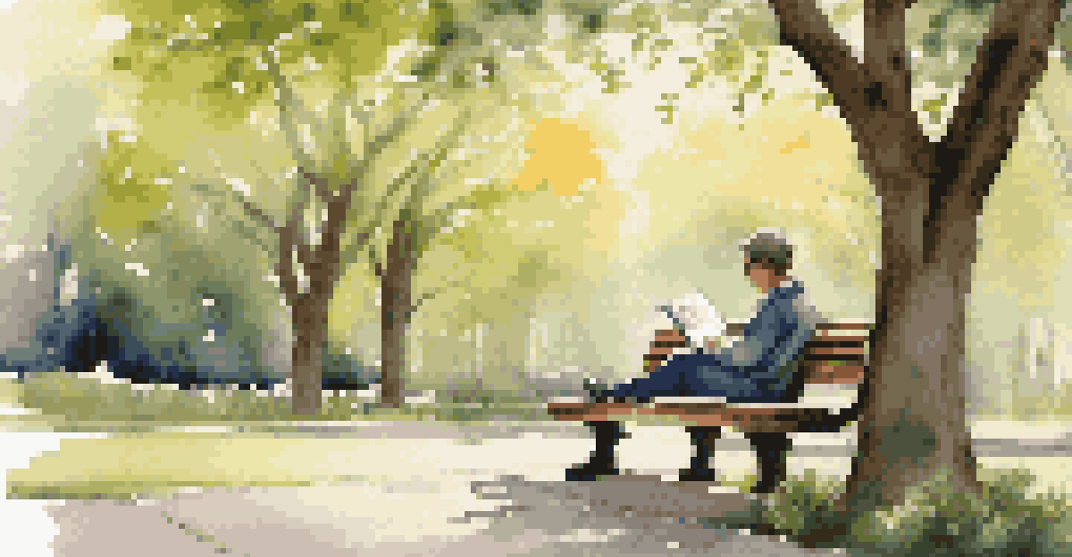 A person sitting on a park bench writing in a notebook, surrounded by flowers and trees in a peaceful park setting.