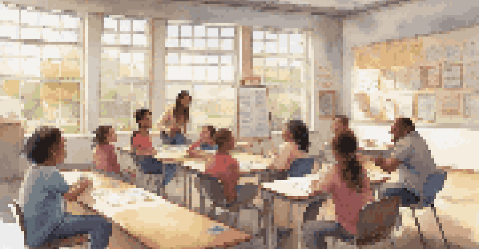 A classroom with students of various ages and backgrounds engaged in a lively group discussion, surrounded by educational materials and bright natural light.