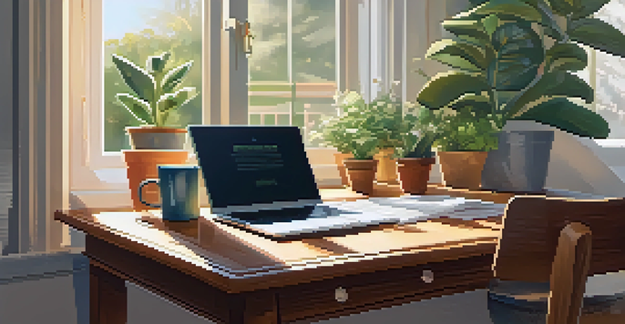 A wooden desk with a laptop, plants, coffee, and a notepad in a bright, serene workspace.
