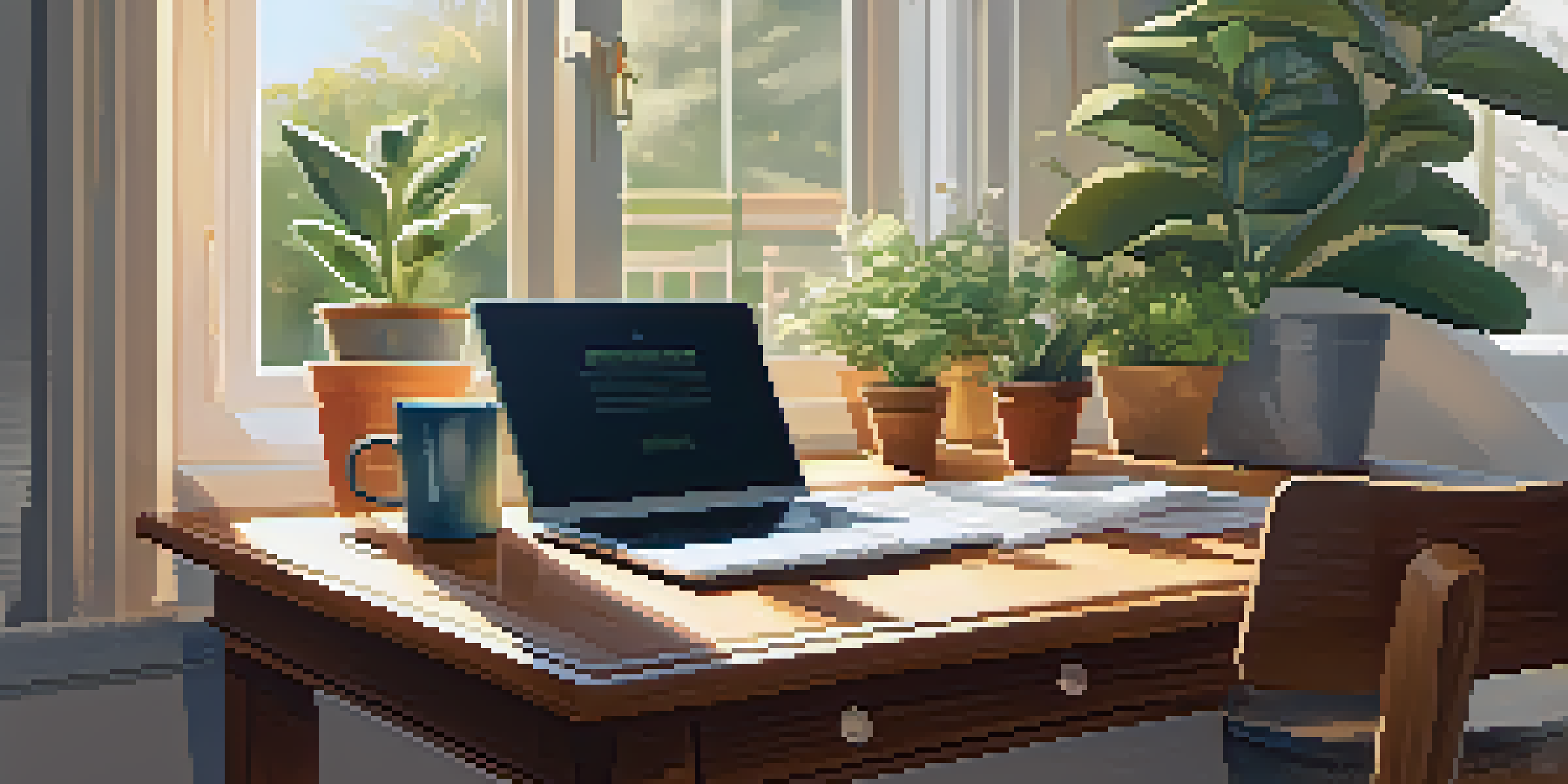 A wooden desk with a laptop, plants, coffee, and a notepad in a bright, serene workspace.