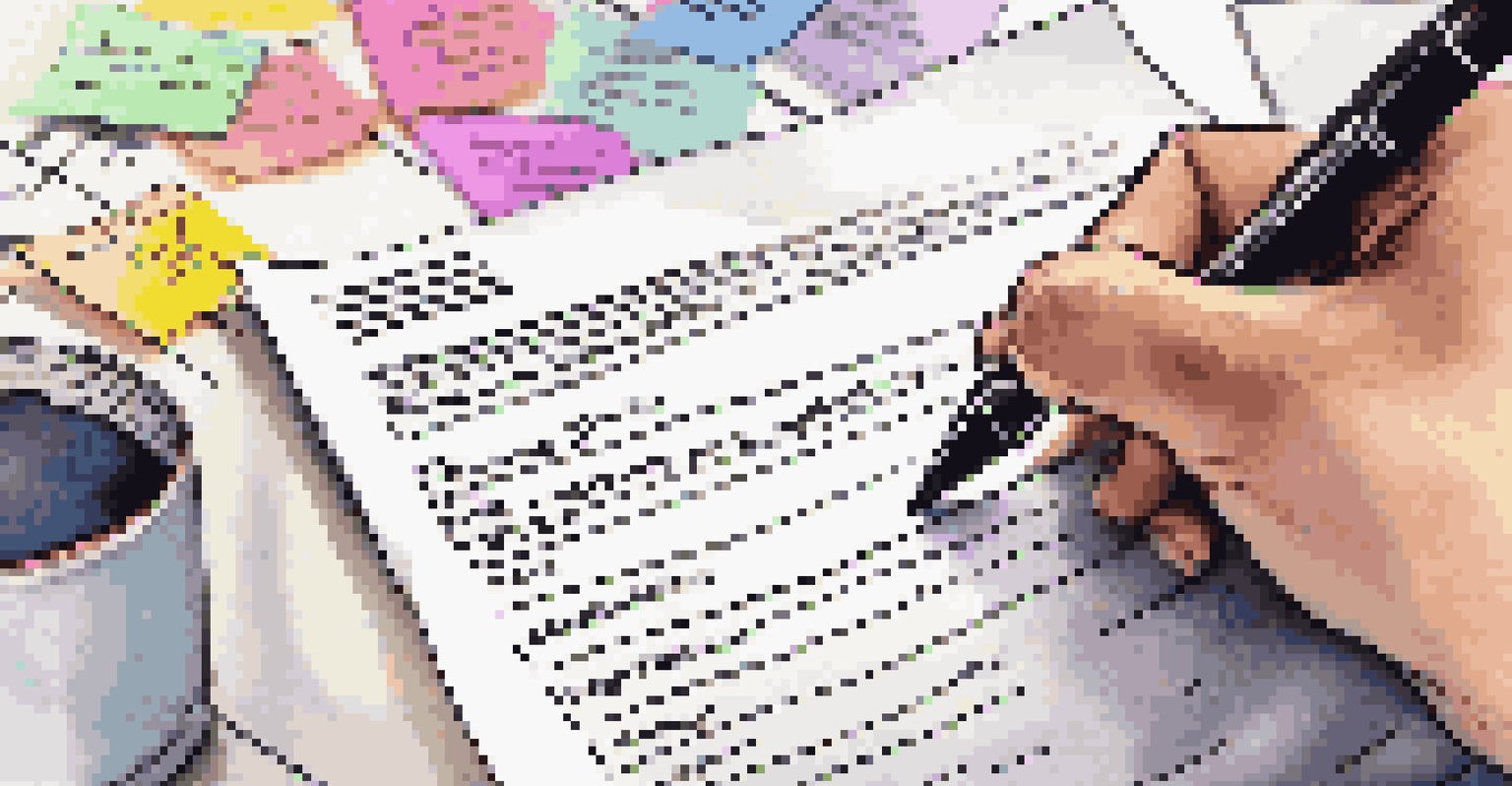 A close-up of a hand writing on a resume with a pen, surrounded by sticky notes and a laptop, emphasizing the process of customizing a resume.