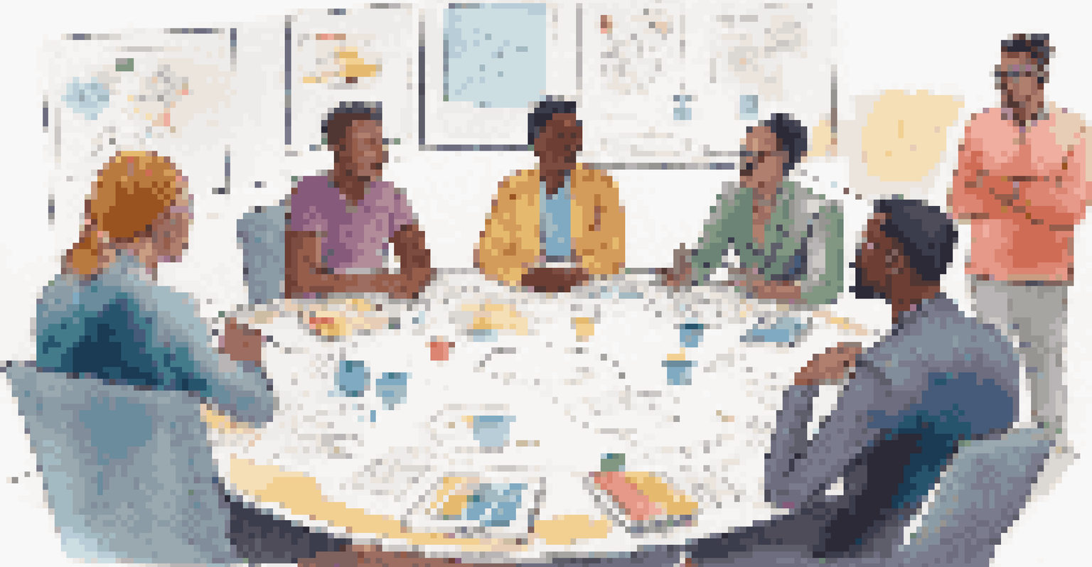 A team meeting with diverse individuals sharing ideas around a table, with colorful notes on a whiteboard.