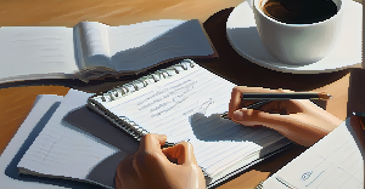 Close-up of hands writing questions on a notepad in a bright office setting with a coffee cup in the background.