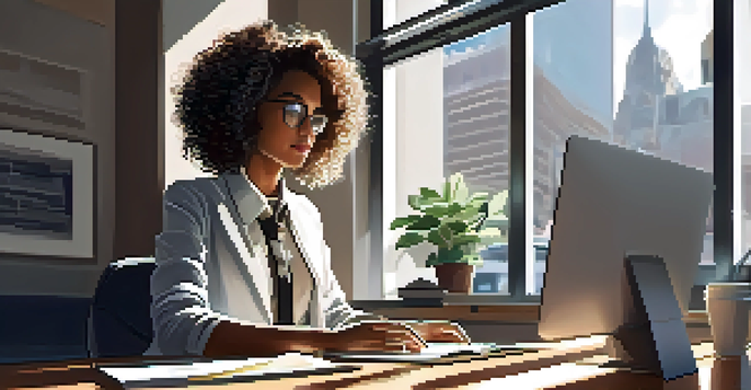 A young woman intern working at a modern office desk, surrounded by a laptop and notebooks, with sunlight streaming through large windows.