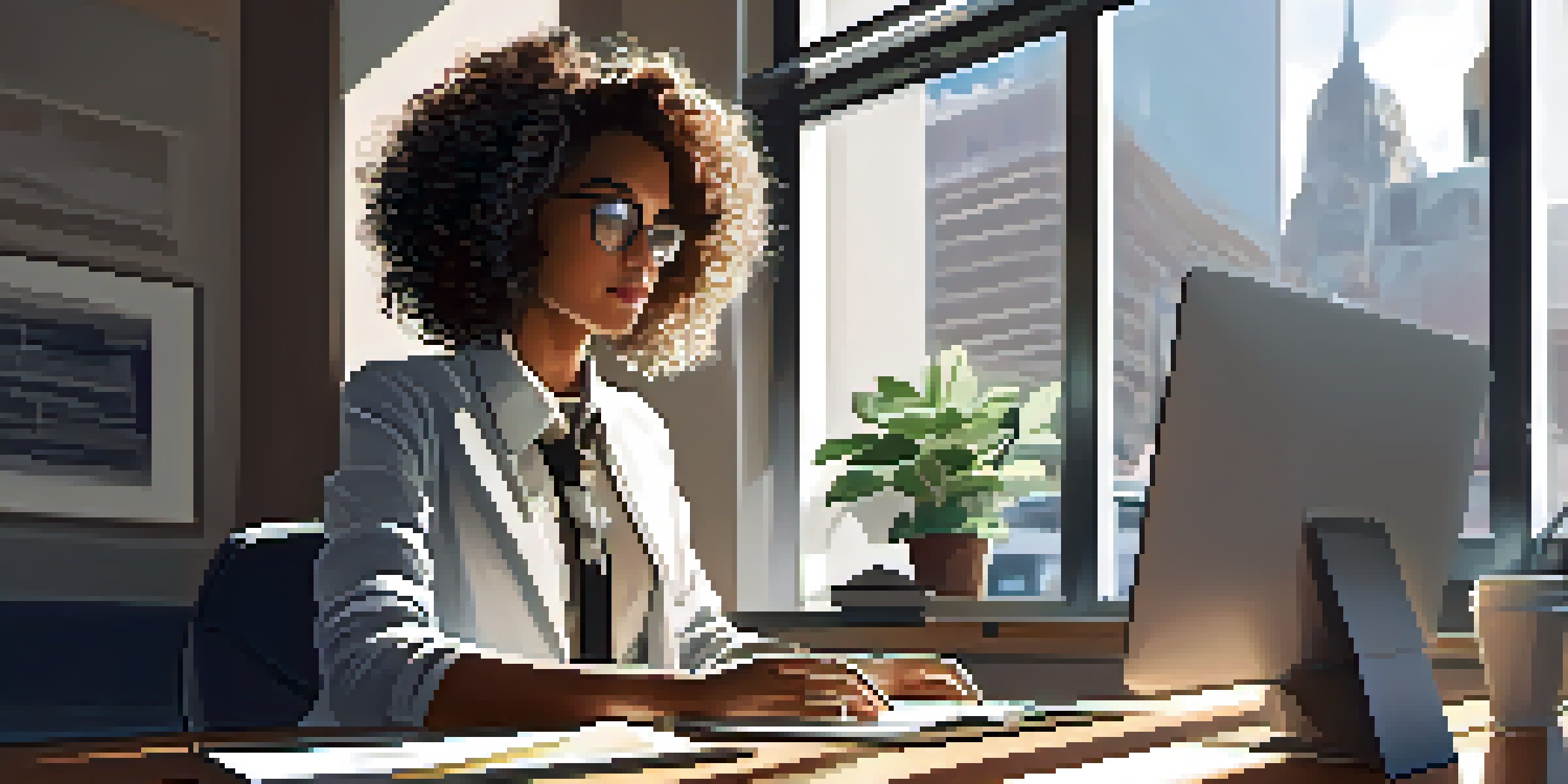 A young woman intern working at a modern office desk, surrounded by a laptop and notebooks, with sunlight streaming through large windows.