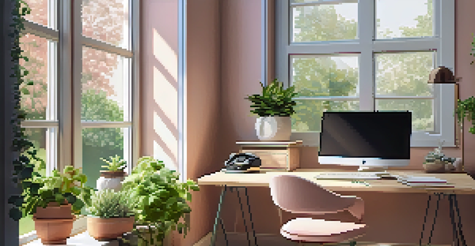 A bright and calming home office with a large window, laptop, and potted plant, overlooking a green garden.