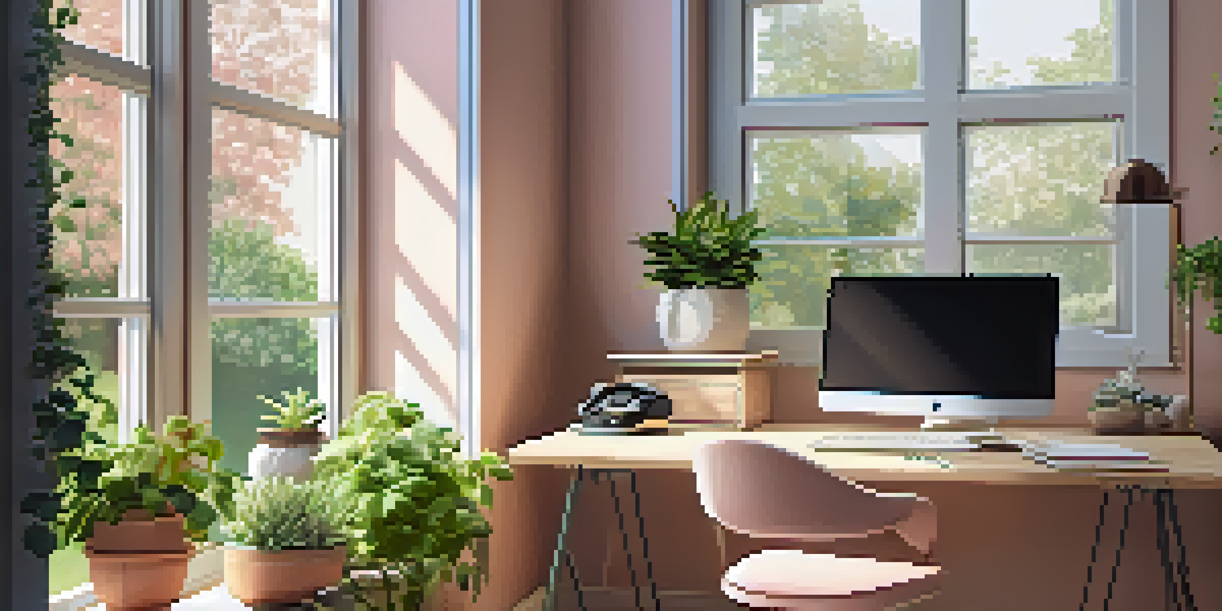 A bright and calming home office with a large window, laptop, and potted plant, overlooking a green garden.