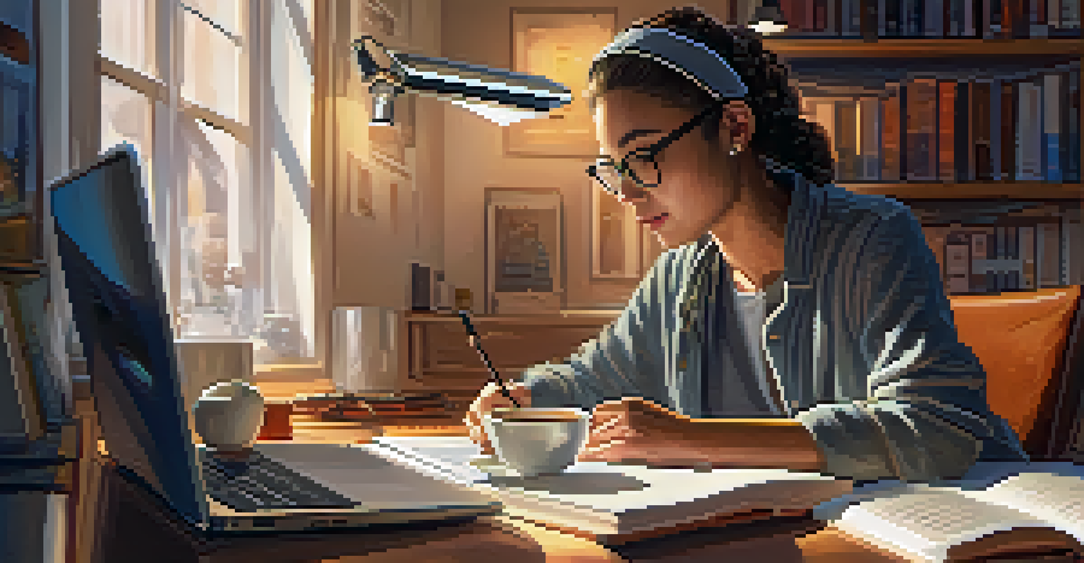 A person researching industry trends on a laptop, surrounded by books and notes in a cozy workspace.