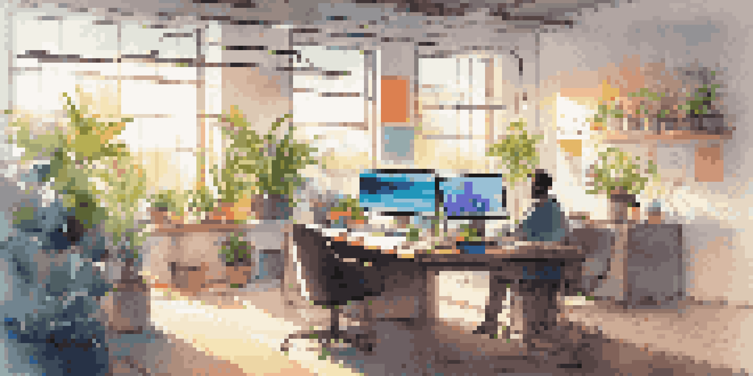 A modern tech office workspace with a person coding at a desk, featuring a laptop, dual monitors, and colorful sticky notes, with sunlight streaming through the windows.