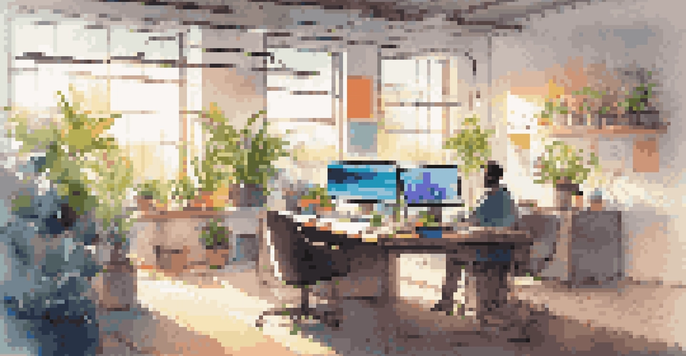 A modern tech office workspace with a person coding at a desk, featuring a laptop, dual monitors, and colorful sticky notes, with sunlight streaming through the windows.