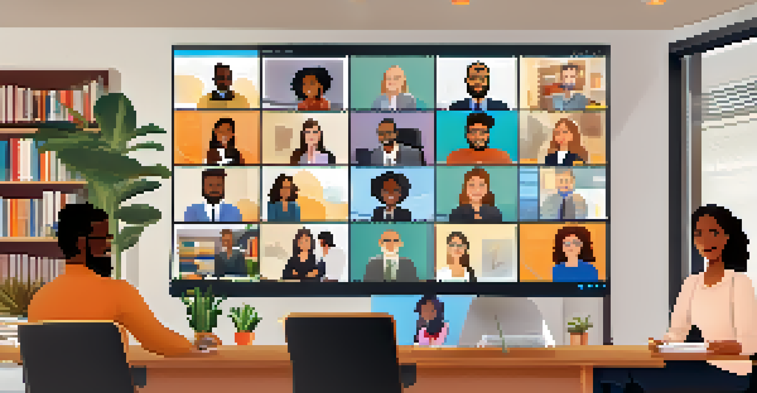 A diverse group of professionals in a virtual meeting with multiple screens showing smiling faces.