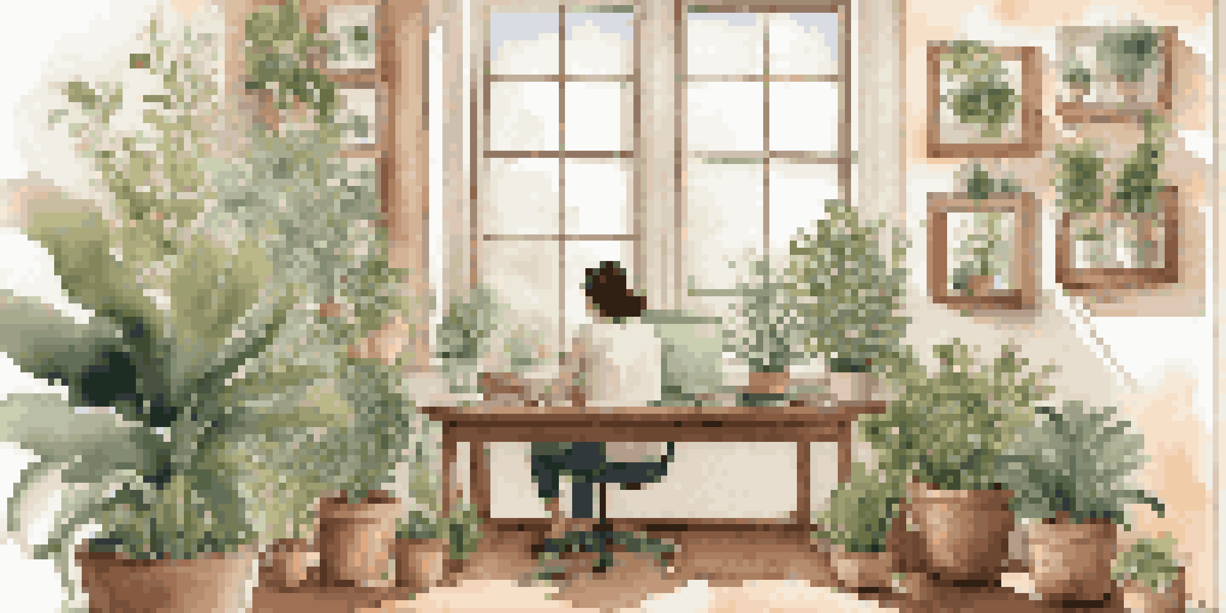 A person in a bright office space, writing goals in a notepad surrounded by plants and motivational quotes.
