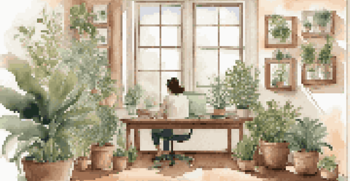 A person in a bright office space, writing goals in a notepad surrounded by plants and motivational quotes.