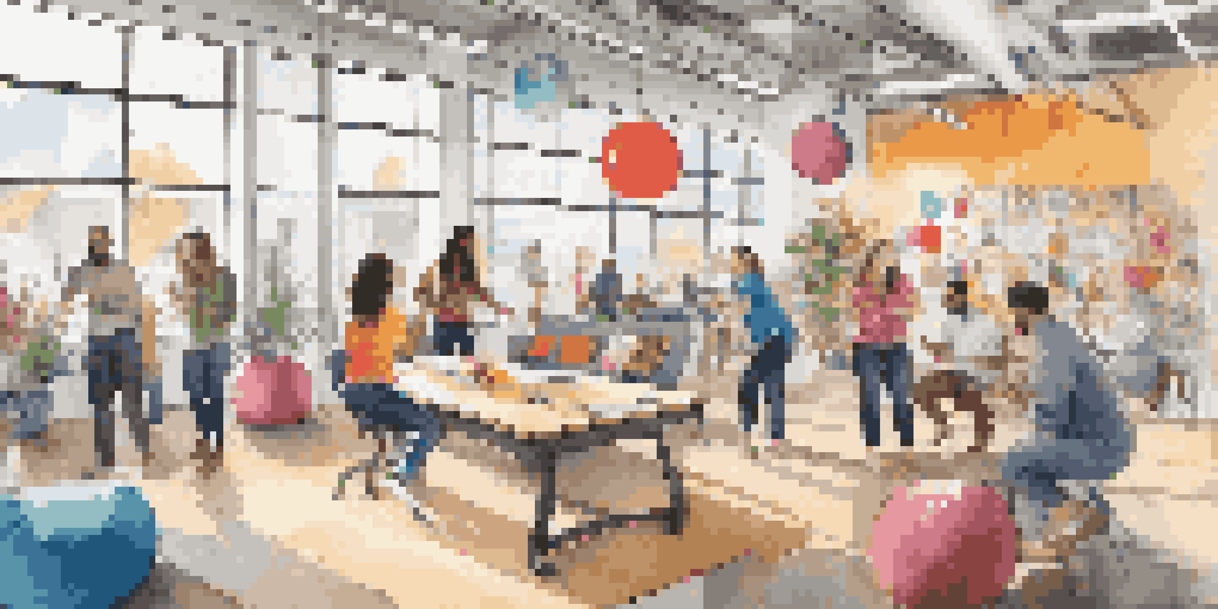 An energetic office environment with employees participating in team-building activities, surrounded by colorful decor and natural light.