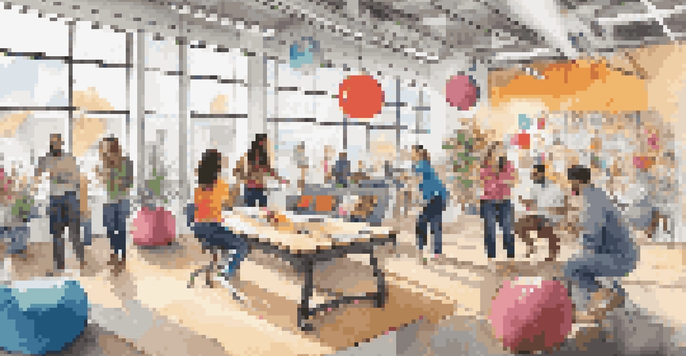 An energetic office environment with employees participating in team-building activities, surrounded by colorful decor and natural light.