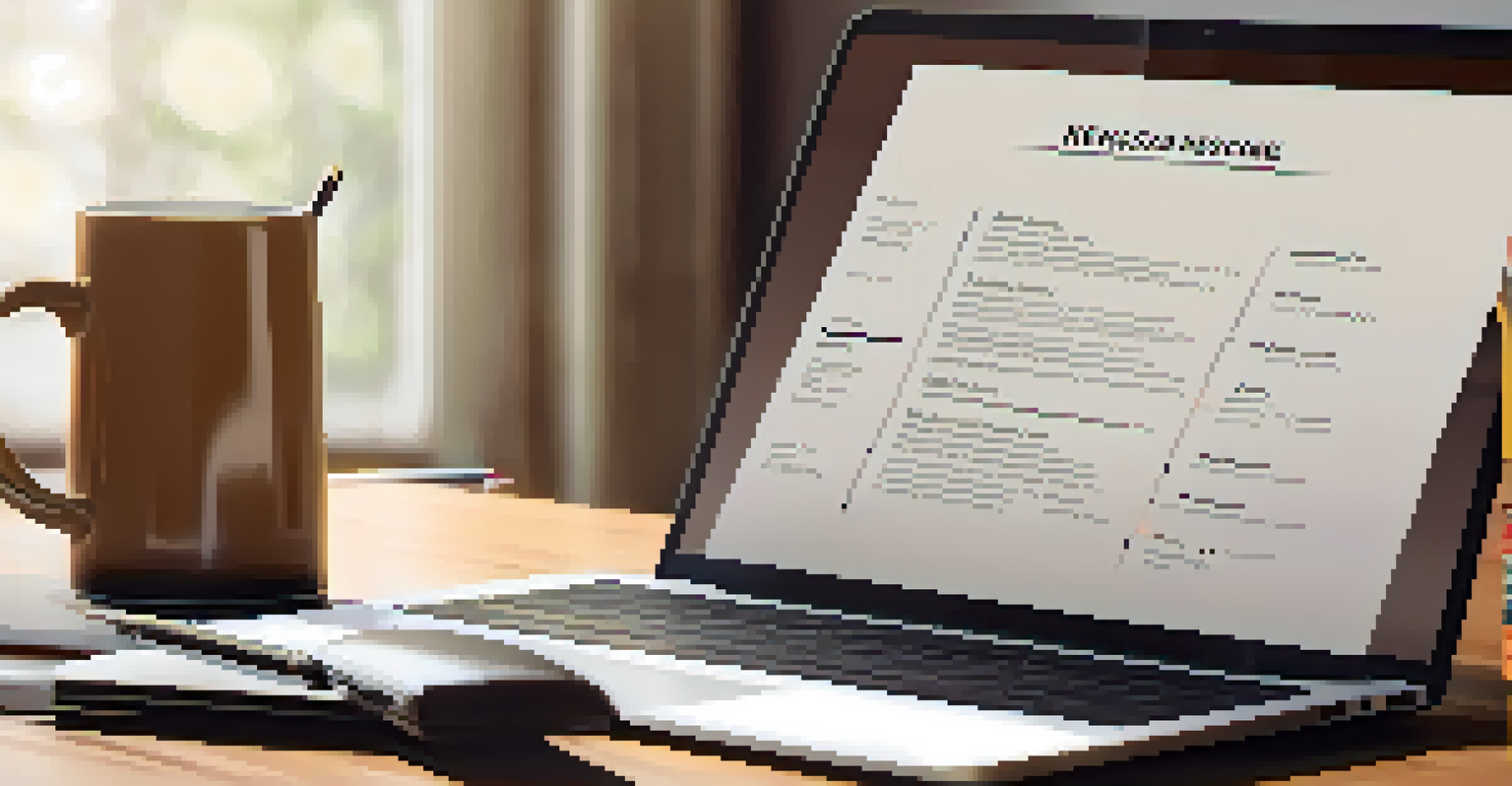 A computer screen showing a professional resume template, with a coffee mug and notepad on the desk, highlighted by natural light.