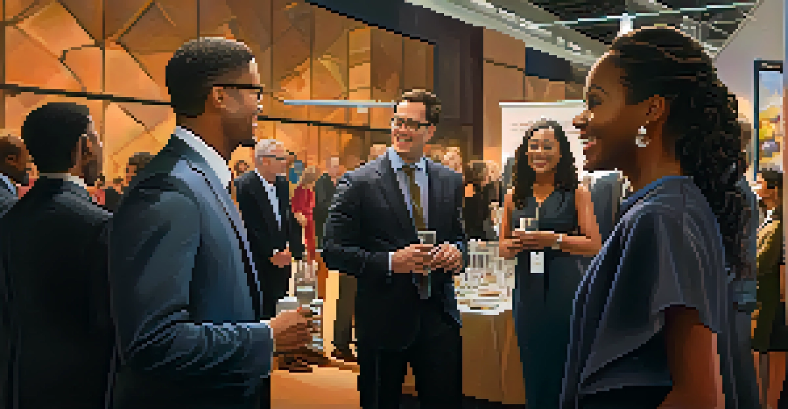 A mentor introducing a mentee to a leader at a networking event, surrounded by professionals in business attire.