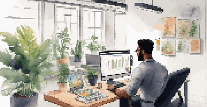 A modern IT professional working at a minimalist desk, engaged in a video call with a diverse team while analyzing data on a laptop.