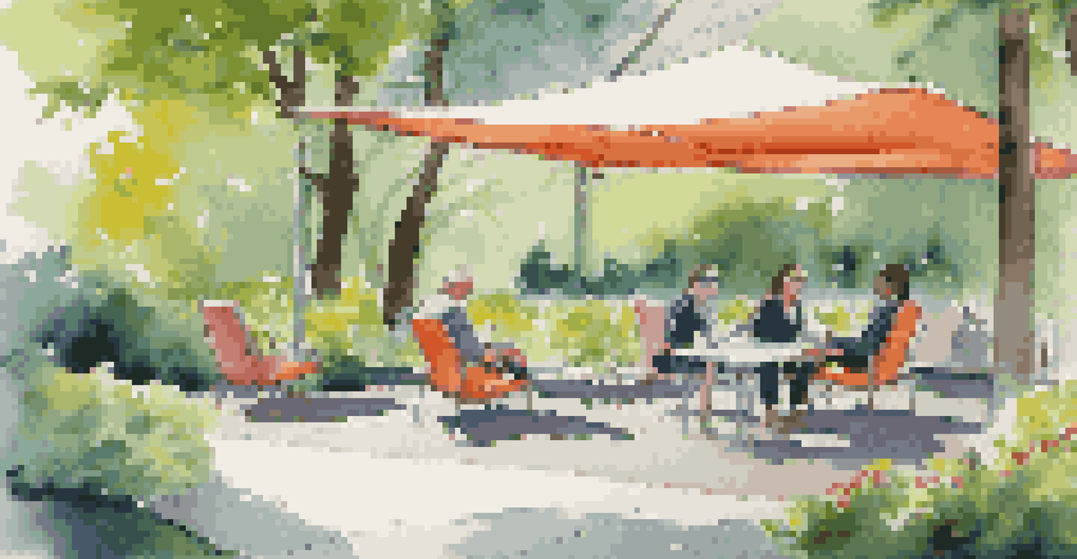 An outdoor break area with lounge chairs, tables, and people relaxing, reading, and enjoying coffee under trees.