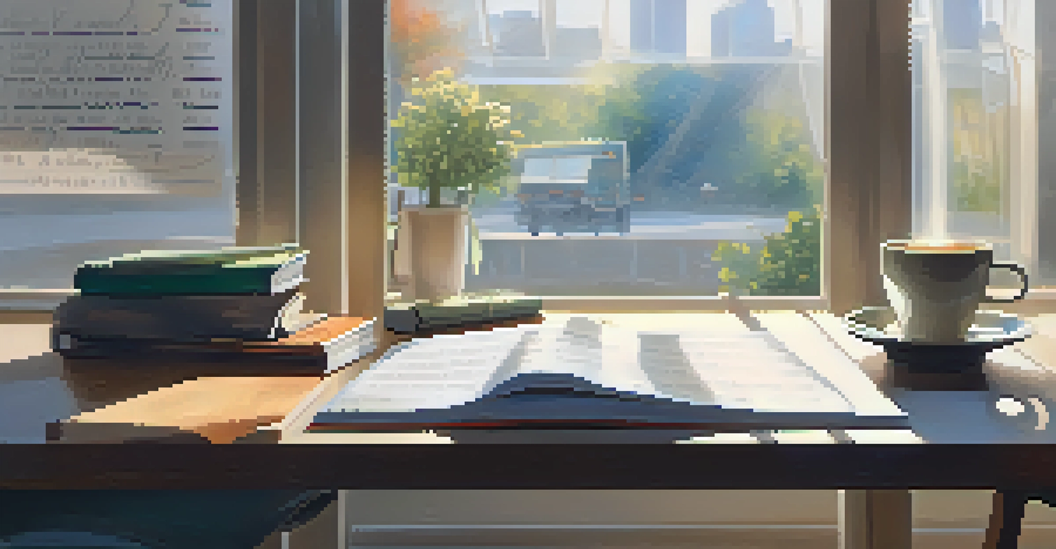 A person reflecting on personal branding at a desk with a journal, coffee cup, and motivational quotes in a well-lit space.