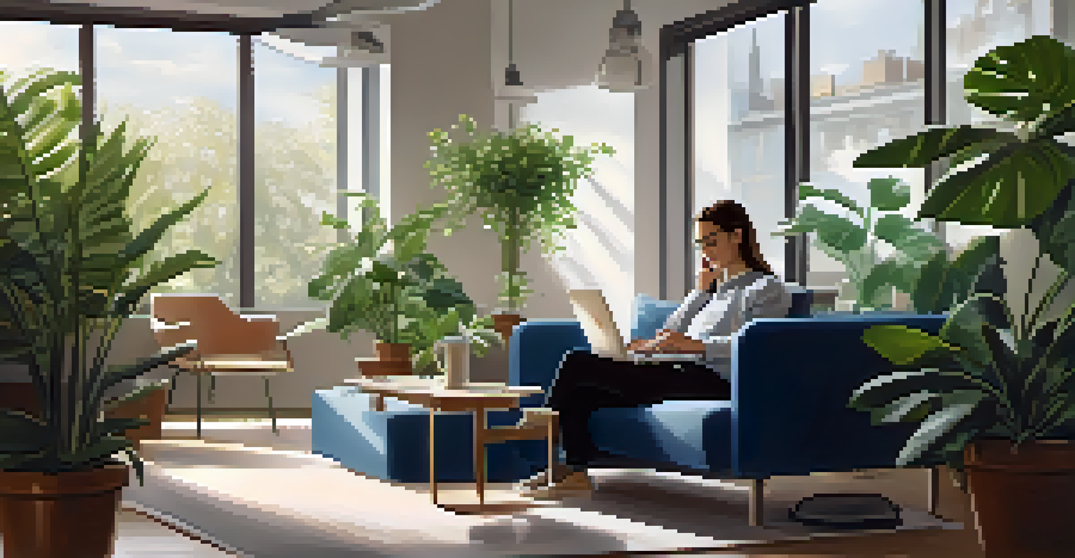 An employee working on a laptop from a comfortable couch in a serene office space, emphasizing flexible work arrangements.