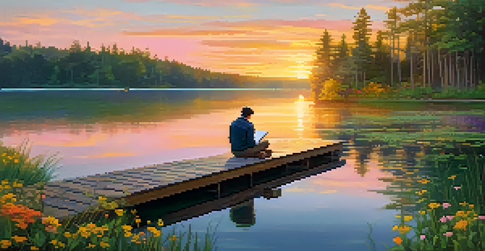 A tranquil lake scene with a person on a dock journaling during sunset, surrounded by nature.