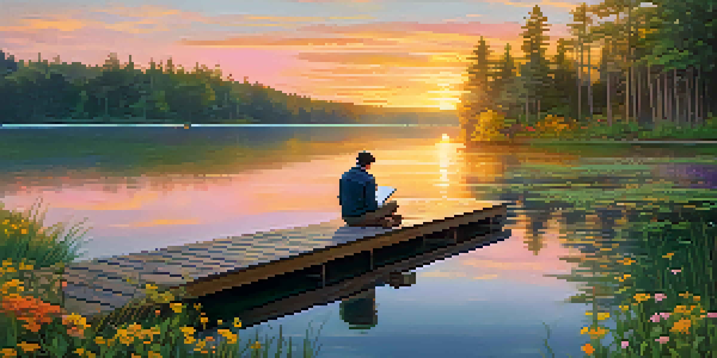 A tranquil lake scene with a person on a dock journaling during sunset, surrounded by nature.