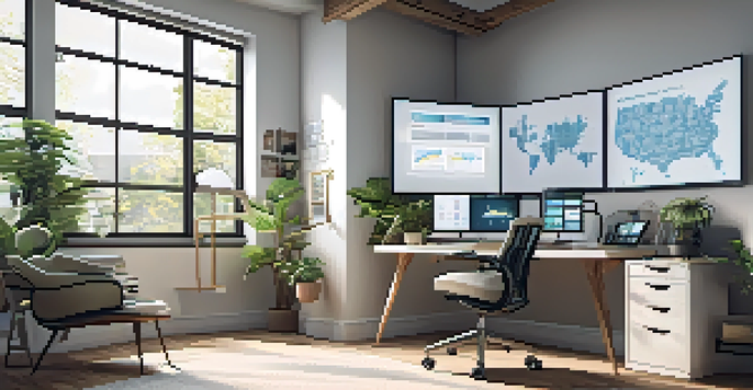 A bright and modern home office with a desk, ergonomic chair, and multiple computer screens displaying data. Natural light pours in from a large window, enhancing the minimalistic decor.