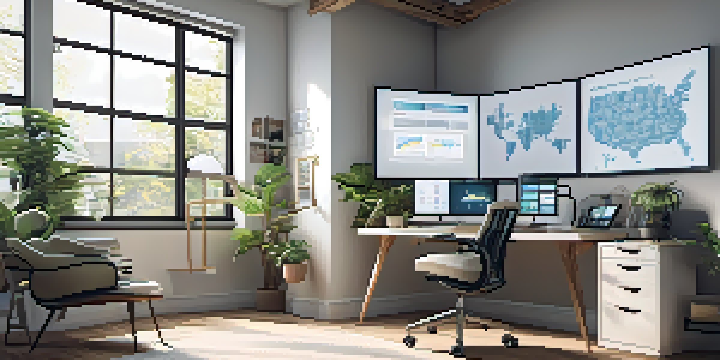 A bright and modern home office with a desk, ergonomic chair, and multiple computer screens displaying data. Natural light pours in from a large window, enhancing the minimalistic decor.