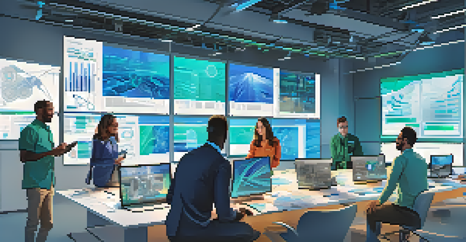 A diverse team of professionals collaborating around a table with blueprints and digital devices in a modern office setting.