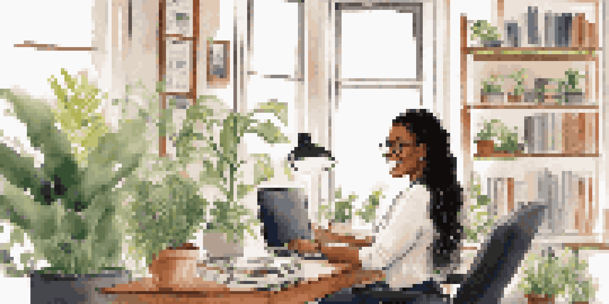 A professional woman on a video call at her bright and stylish desk, with plants and books around her.