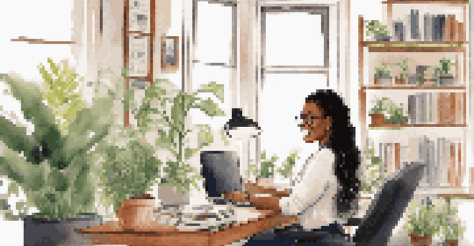 A professional woman on a video call at her bright and stylish desk, with plants and books around her.