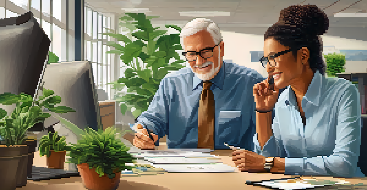 A senior employee mentoring a junior colleague in a bright and inspiring office environment.