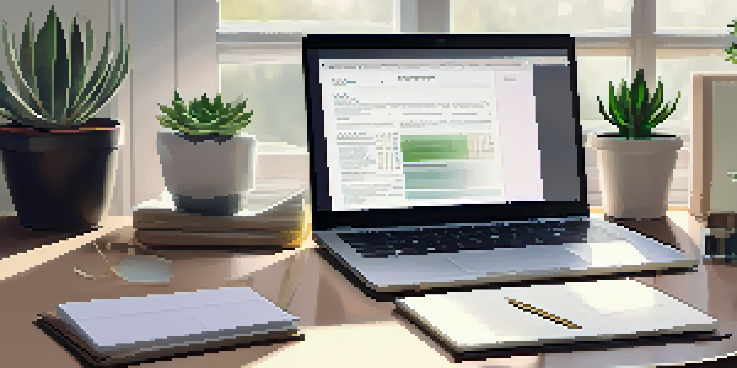 A modern desk setup featuring a laptop, a neatly arranged resume, a pen, and a succulent plant with soft natural lighting.