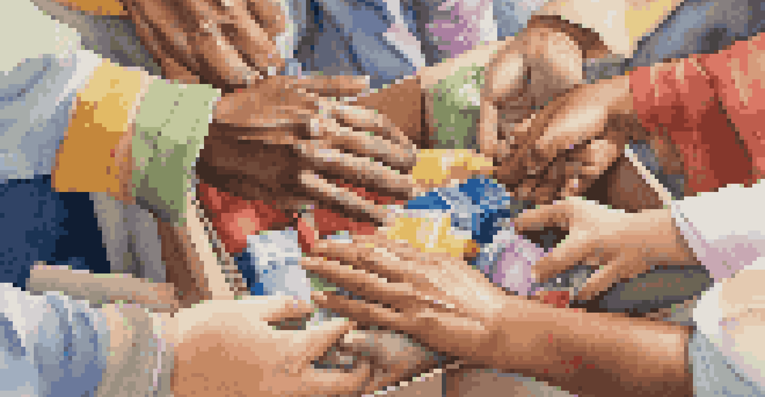 Close-up of diverse hands assembling care packages for those in need, showcasing solidarity.