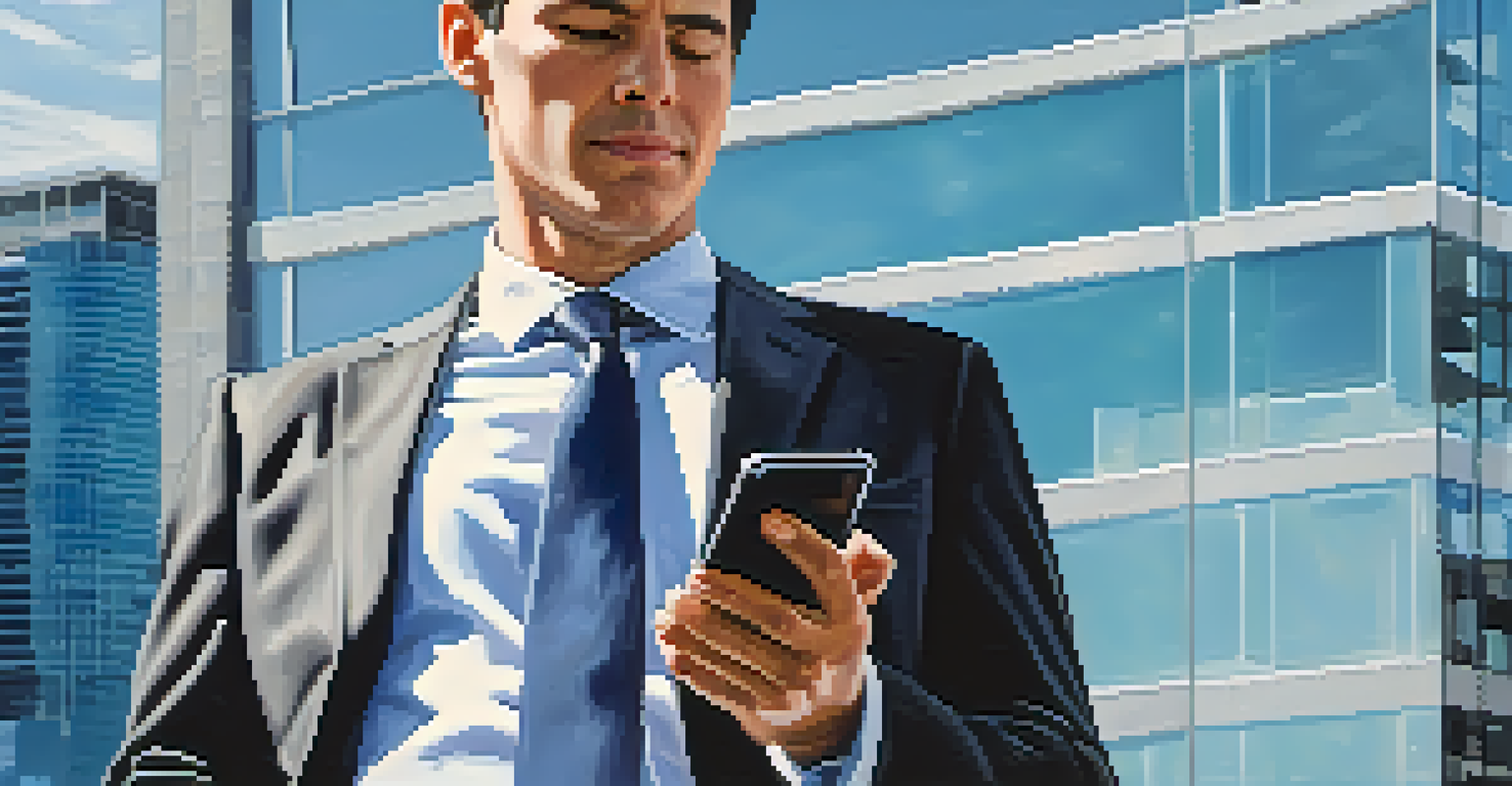 A person in business attire sending an email in front of a modern office building.