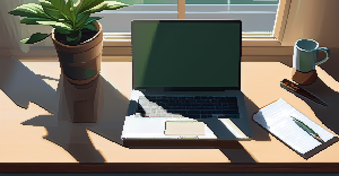 A peaceful office workspace with a wooden desk, laptop, potted plant, and notepad, illuminated by soft sunlight.