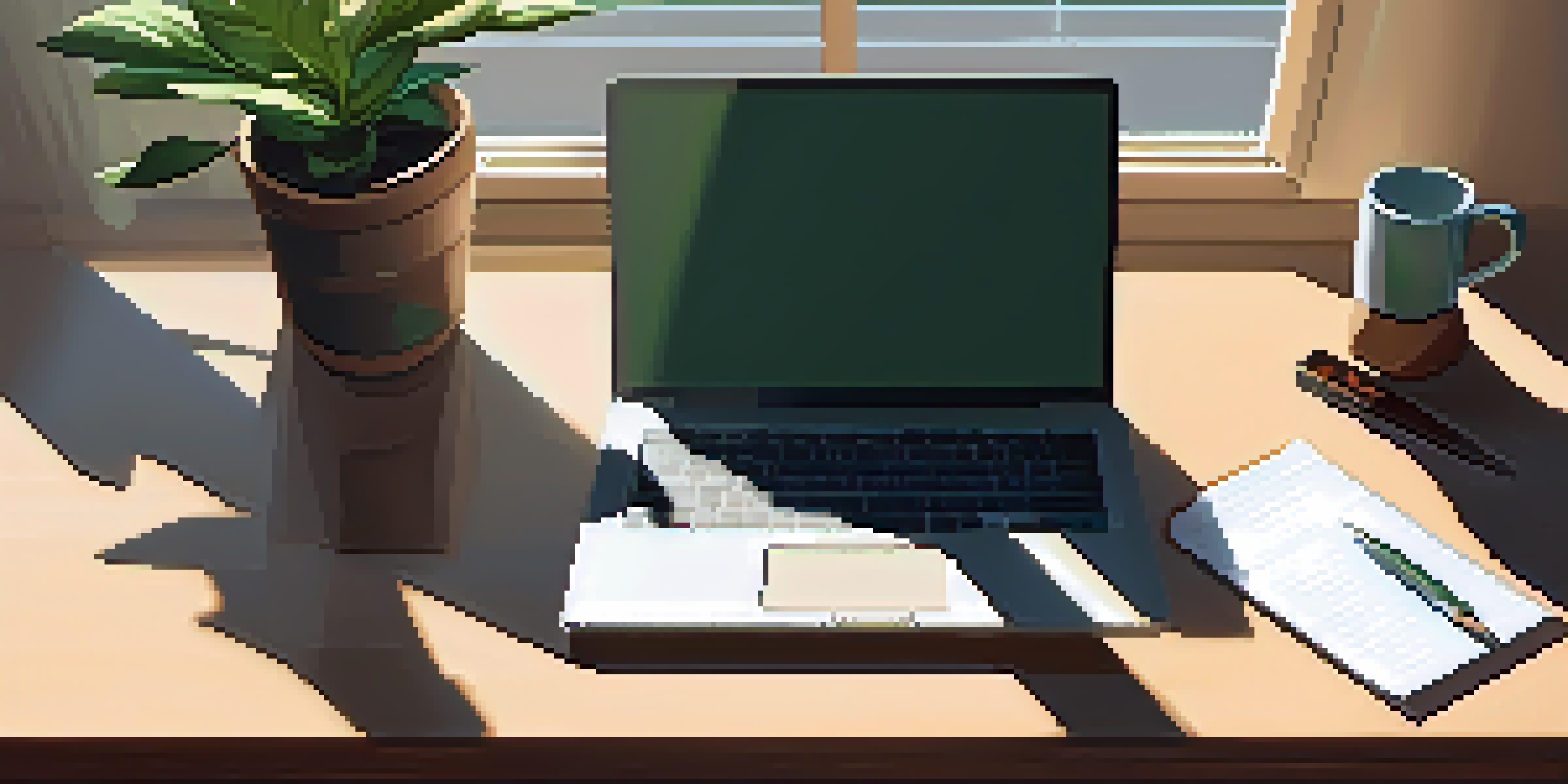 A peaceful office workspace with a wooden desk, laptop, potted plant, and notepad, illuminated by soft sunlight.