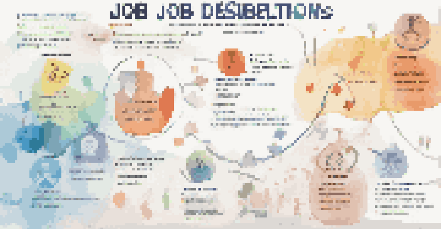 An infographic showing key components of a job description with colorful icons and text.