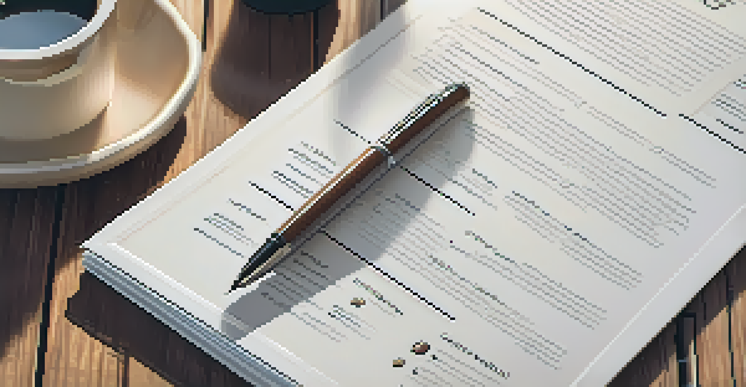 A close-up of a well-organized resume with a pen on a wooden table in a coffee shop.