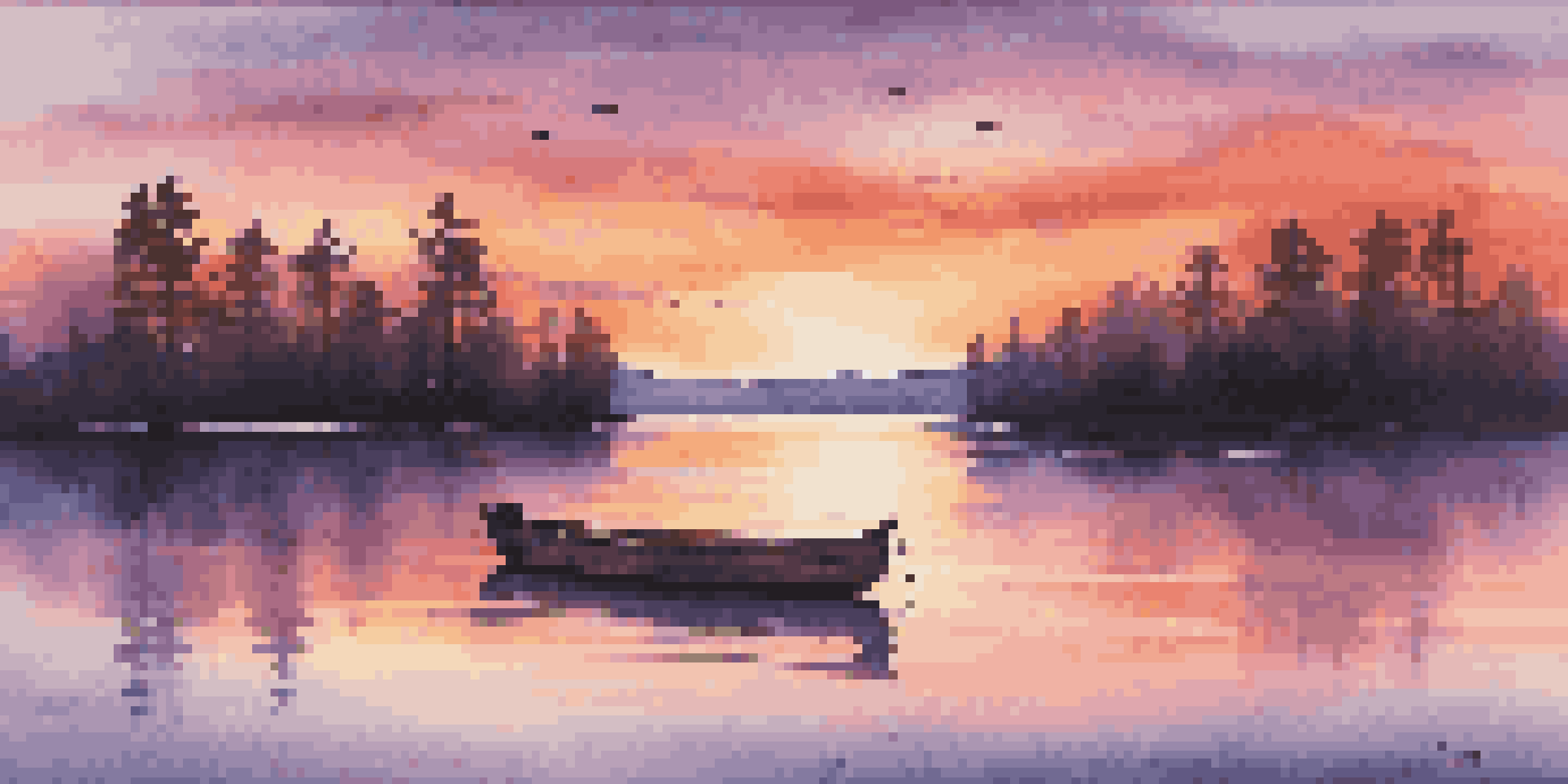 A beautiful sunset over a calm lake with silhouettes of trees and a small wooden boat.