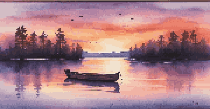 A beautiful sunset over a calm lake with silhouettes of trees and a small wooden boat.