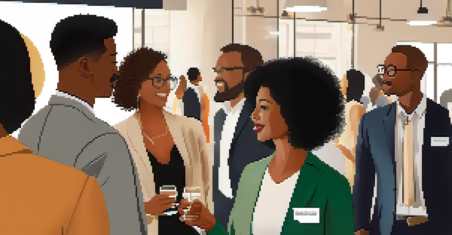 A diverse group of professionals networking at an event, engaging in conversation with name tags.