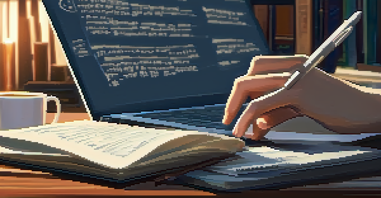 Close-up of hands typing on a laptop, with a cup of coffee and a notepad in a cozy workspace filled with books on critical thinking.