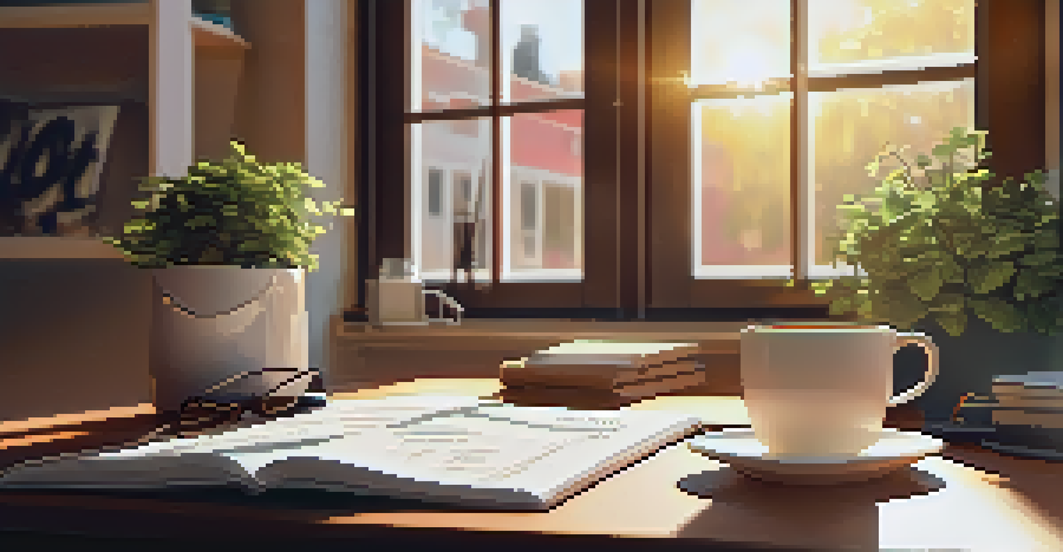 A well-lit workspace with motivational quotes, a laptop showing goals, and a cup of coffee, symbolizing a positive work environment.