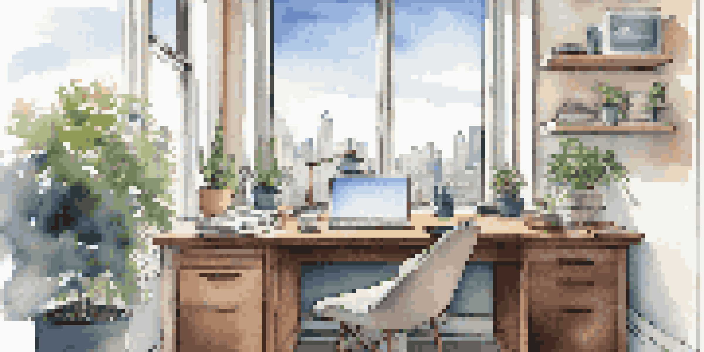 A bright office space with a desk, laptop, notepad, coffee cup, and a view of a city outside a large window.